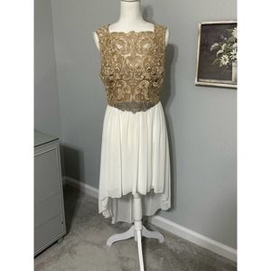 Jodi Kristopher Champagne Lace High Low Formal Dress